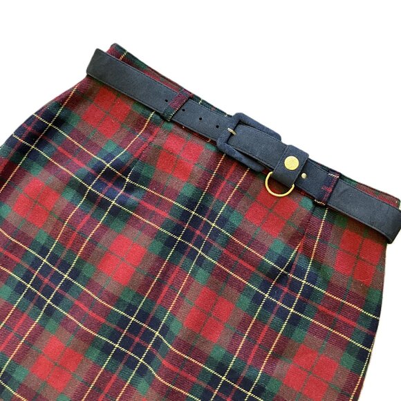 Wool Plaid Pencil Skirt Red/Green Tartan with Belt Vintage Proportion Petites - Picture 3 of 6